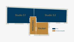 indeling per verdieping: 2 studios en 1 gemeenschappelijk inkomsas en keuken per verdieping